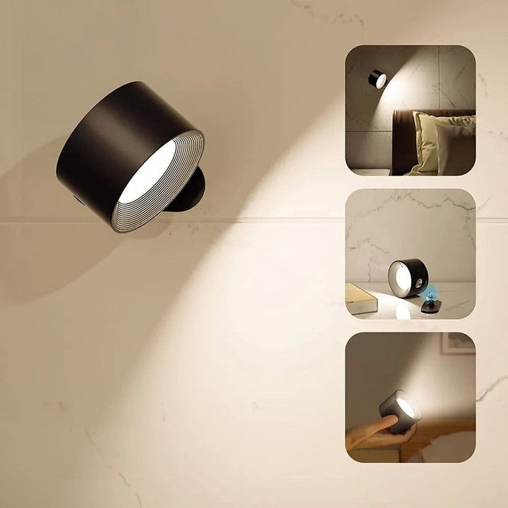 Lámpara de pared LED recargable USB, inalámbrica, giratoria, eficiente para iluminación interior.