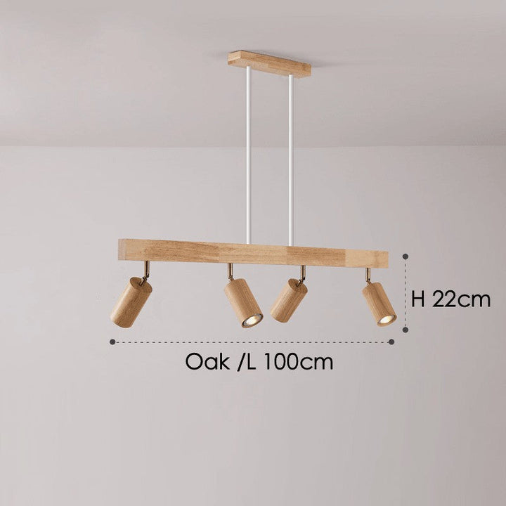 Lámpara de techo minimalista de madera con focos para cocina. Estilo nórdico elegante.