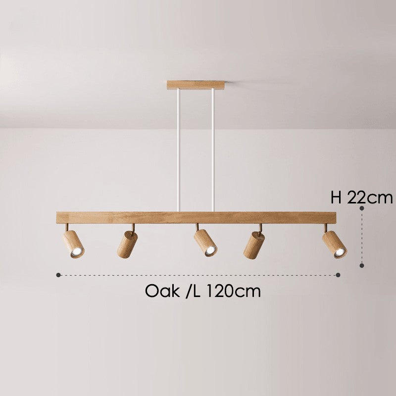 Lámpara de techo de madera con múltiples focos ajustables. Iluminación LED eficiente.
