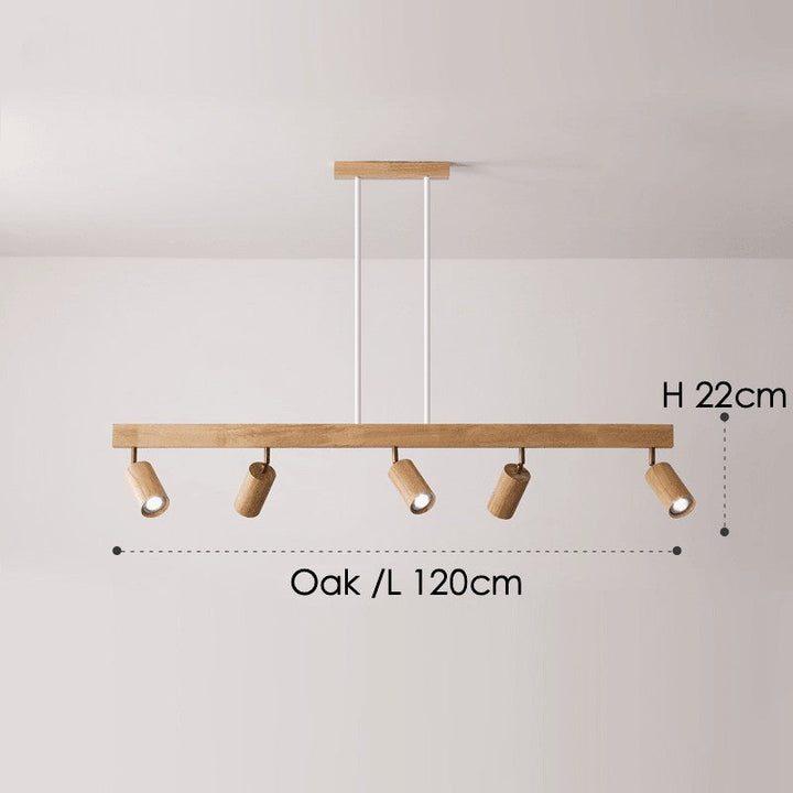Lámpara de techo de madera con múltiples focos ajustables. Iluminación LED eficiente.