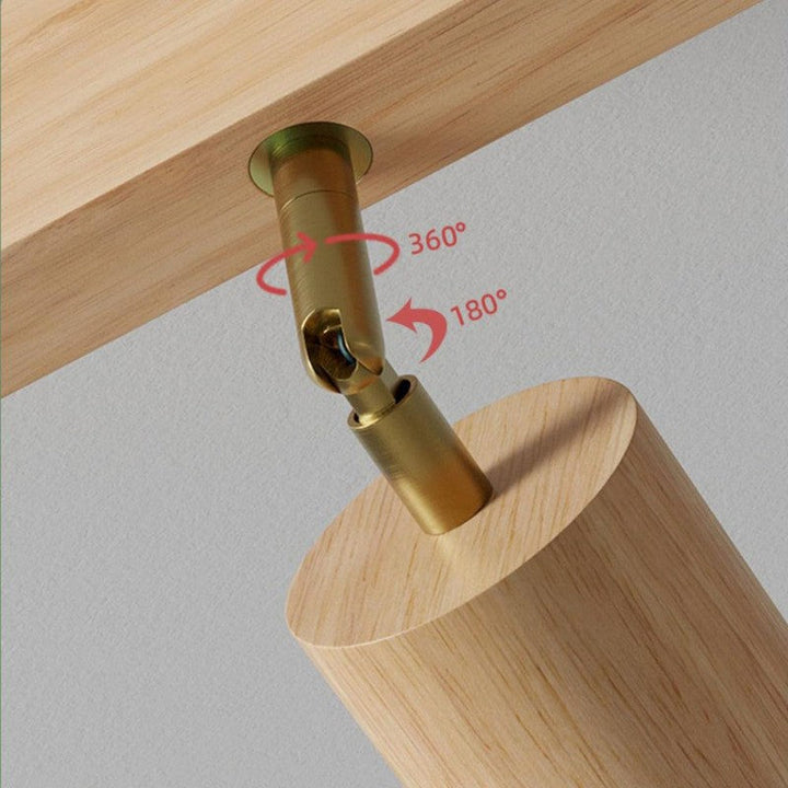 Estilo minimalista: Lámpara de techo de madera con focos giratorios, iluminación cálida.