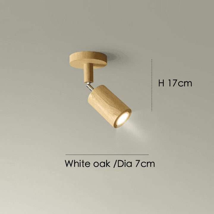 Lámpara de techo de madera natural con diseño minimalista y focos orientables.