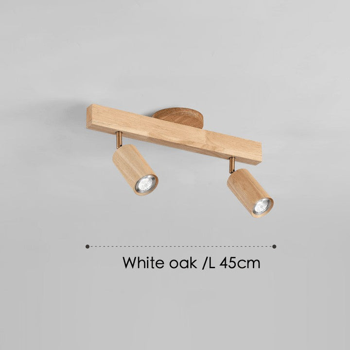 Lámpara de techo de madera minimalista, focos LED negros, estilo nórdico interior.
