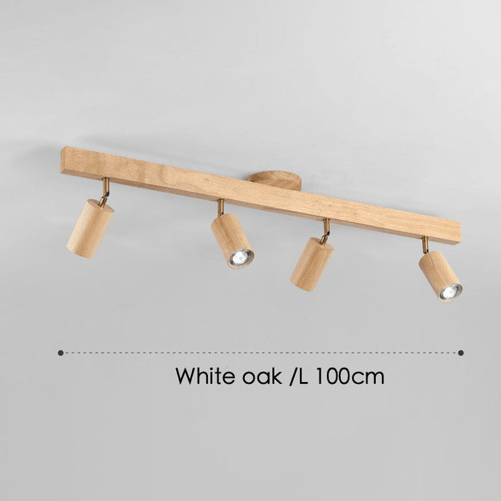 Lámpara de techo de madera y metal, estilo escandinavo, con focos direccionales.