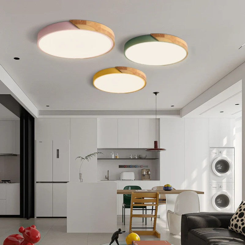 Lámpara LED de techo redonda escandinava con borde de madera, luz moderna para hogar.