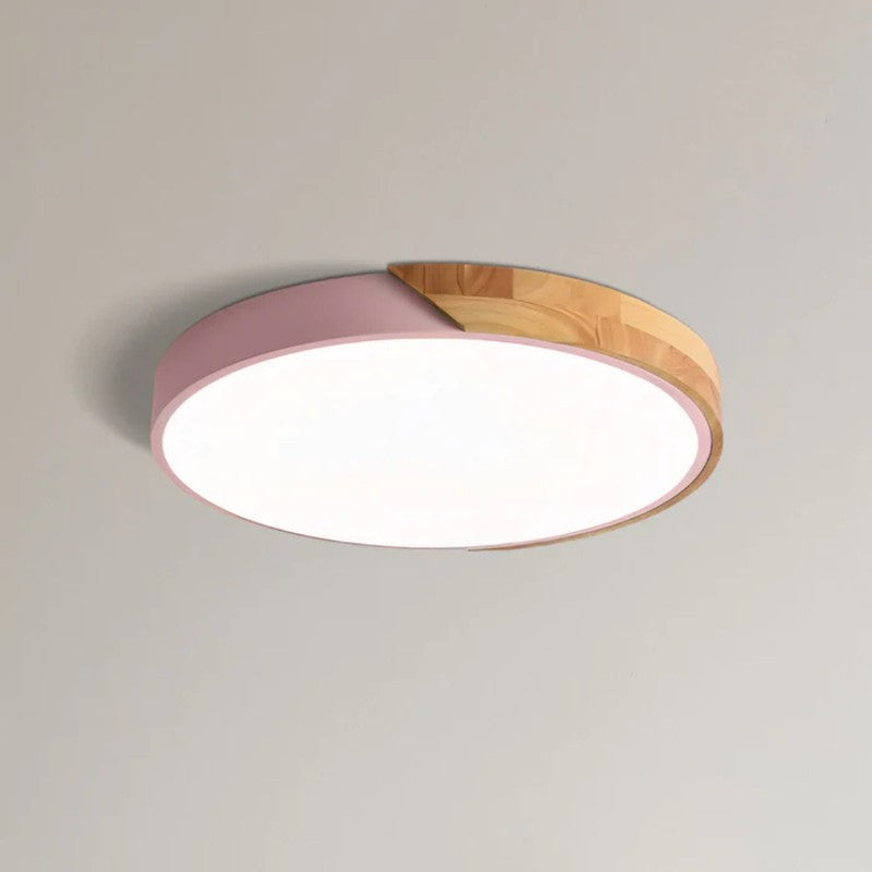 Lámpara LED de techo redonda, diseño moderno, borde de madera para cocina o estudio.