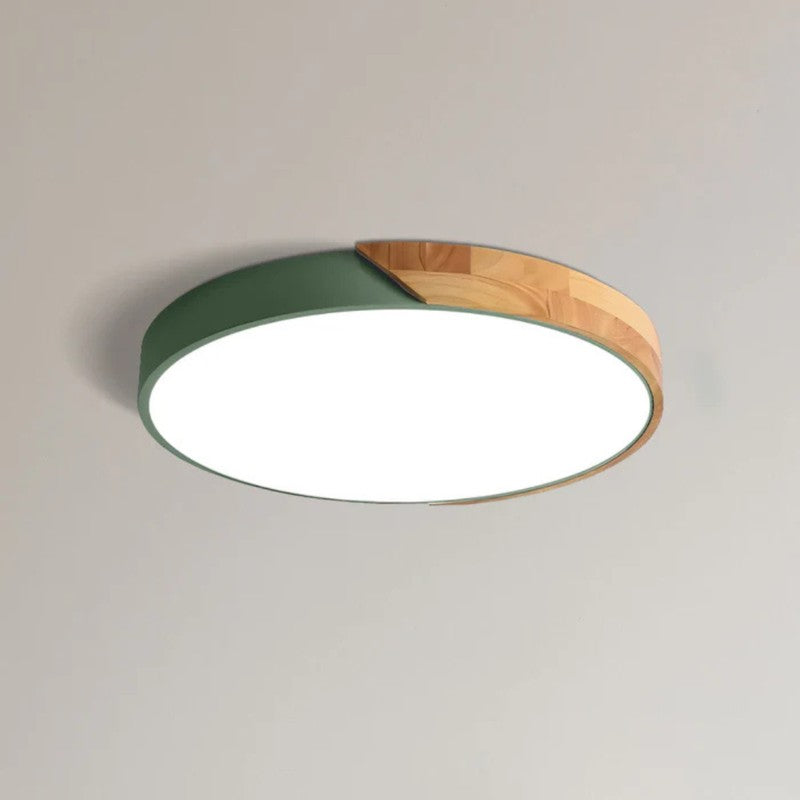 Iluminación LED para techo, estilo nórdico, redonda, con marco de madera natural.