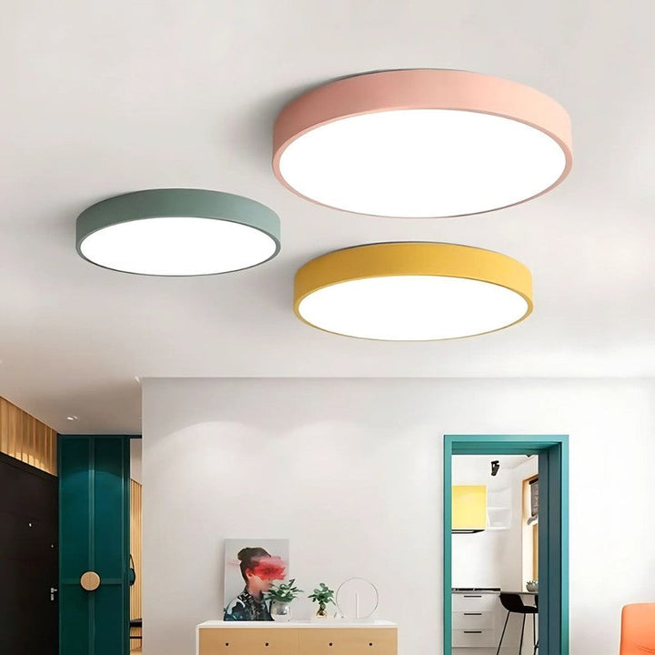 Iluminación LED de techo minimalista, estilo nórdico, panel redondo con marco de madera.