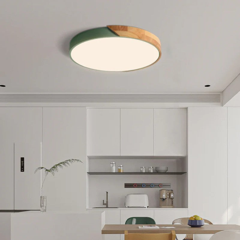 Luz LED de techo moderna, ultra delgada, redonda con marco de madera, ideal para dormitorio.