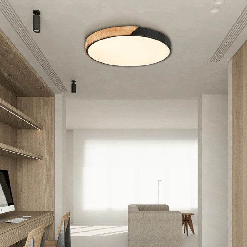 Lámpara LED de techo decorativa, redonda, borde de madera, perfecta para comedor.