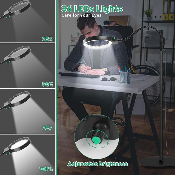 Lupa LED de escritorio/pie flexible para trabajos de precisión, lectura y manualidades. Aumento 10X/30X.