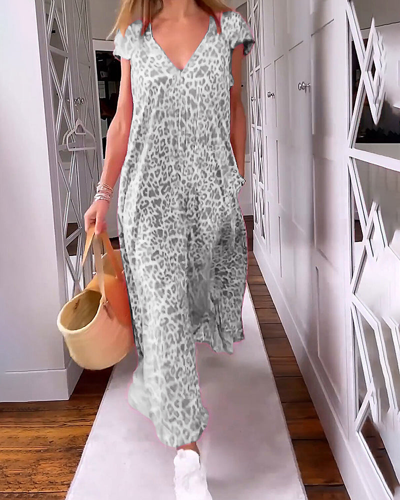 Vestido de verano casual para mujer, estampado alegre, escote V. Versátil para el día o la playa, muy ligero.