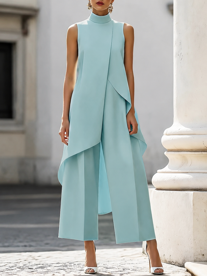 Conjunto de dos piezas para mujer. Top asimétrico y pantalón ancho, perfecto para fiesta y cena elegante.