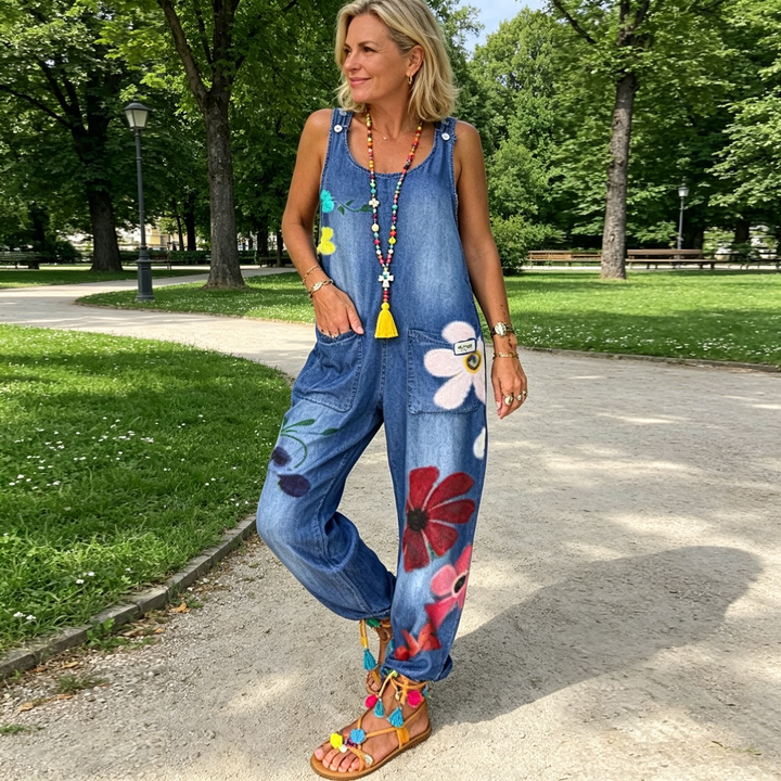 Jumpsuit floral bohemio para mujer, cómodo y casual, excelente para días de verano y relax.