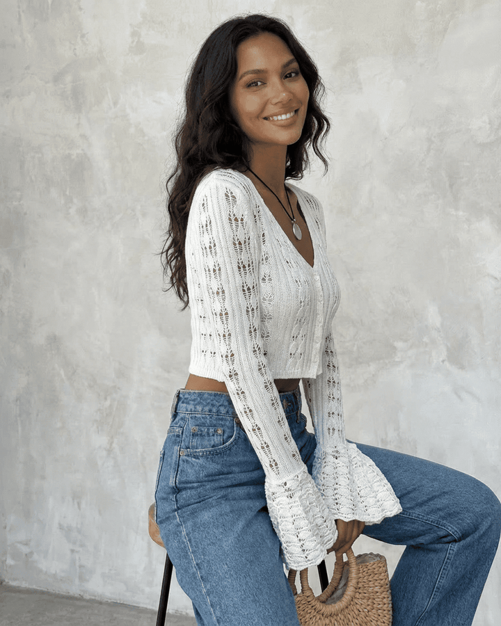 Cárdigan para mujer con mangas acampanadas, diseño moderno y tejido de punto para otoño/primavera.