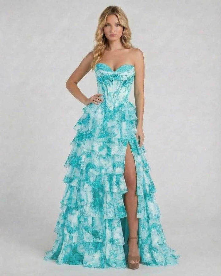 Vestido maxi turquesa sin tirantes, estampado floral. Perfecto para bodas, graduaciones y eventos de noche.