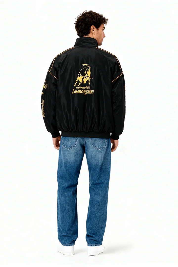 Chaqueta de carreras vintage unisex por detrás, estilo retro de automovilismo, moda casual y versátil para cualquier género.