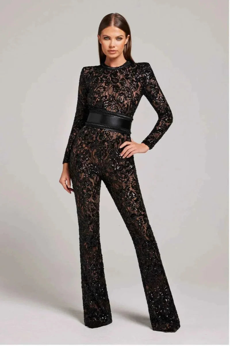 Mono negro de encaje con manga larga y pierna ancha para mujer, elegante para fiesta, noche y eventos.
