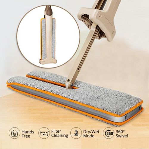 Detalle de mopa plana doble cara con sistema de auto-escurrido. Limpieza eficiente para suelos de madera y azulejos.