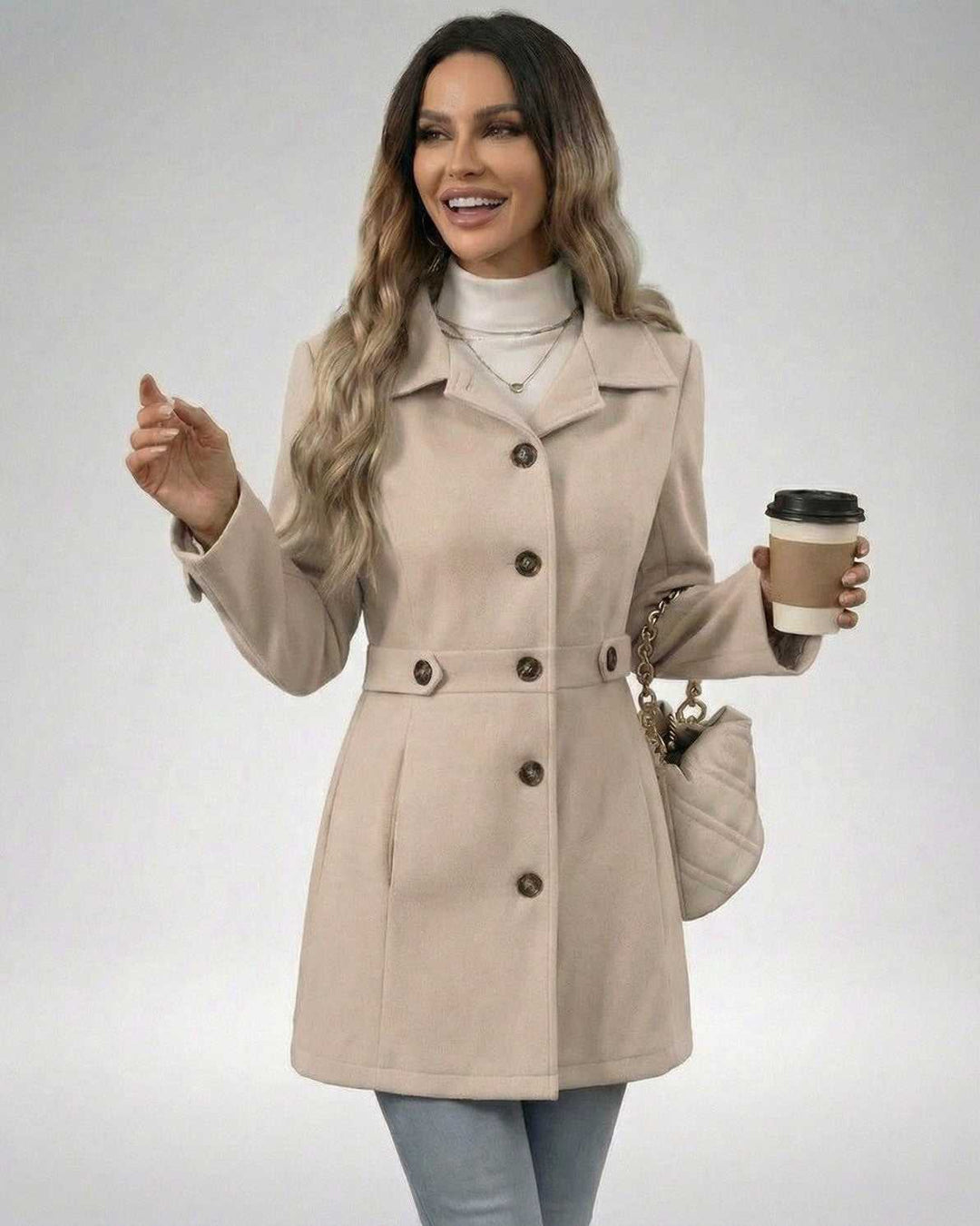 Chaqueta beige latte slim fit femenina, versátil para otoño y primavera, realza la figura con estilo.