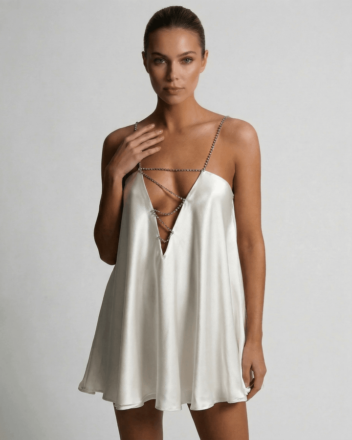 Vestido mini de noche para mujer, elegante, con pedrería y diseño de línea A. Perfecto para ocasiones especiales.