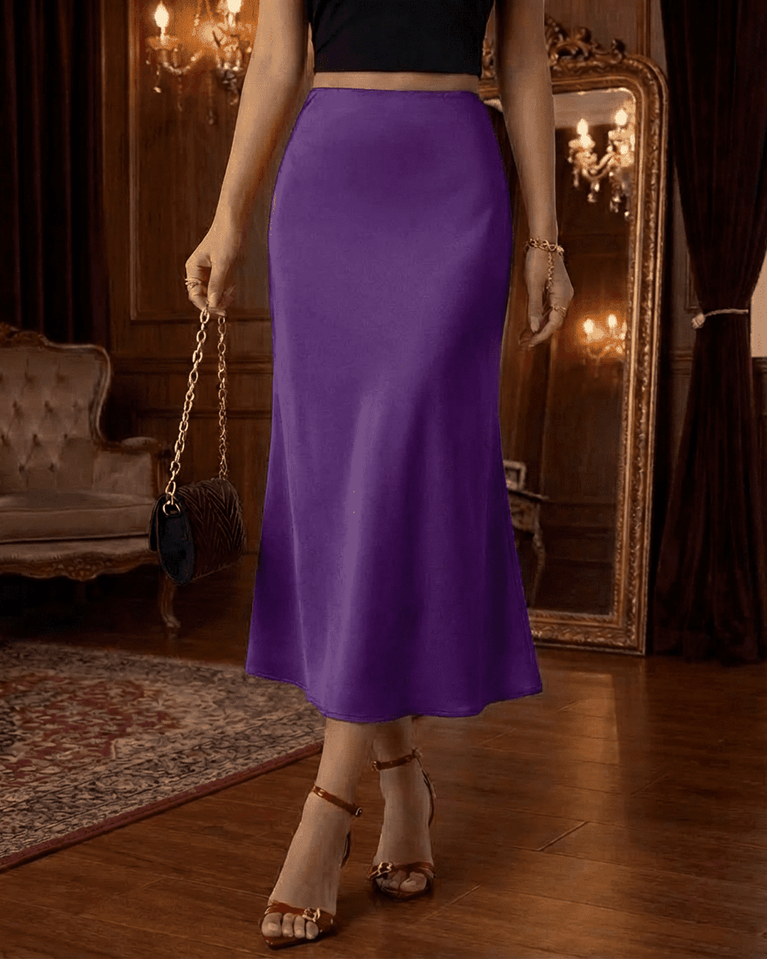 Falda midi sirena púrpura vibrante para mujer, ideal para elegancia en eventos.