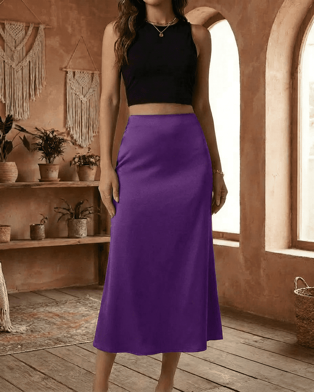 Falda púrpura vibrante con diseño de sirena, cintura alta, longitud midi para mujer moderna.