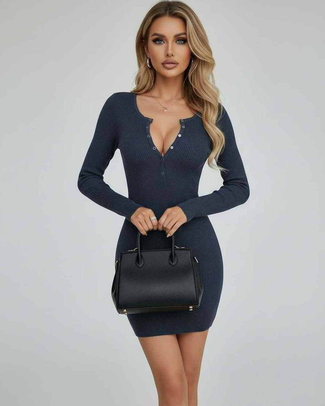 Vestido mini ajustado con botones en la parte delantera, manga larga. Estilo urbano para mujer, moda femenina y versátil.