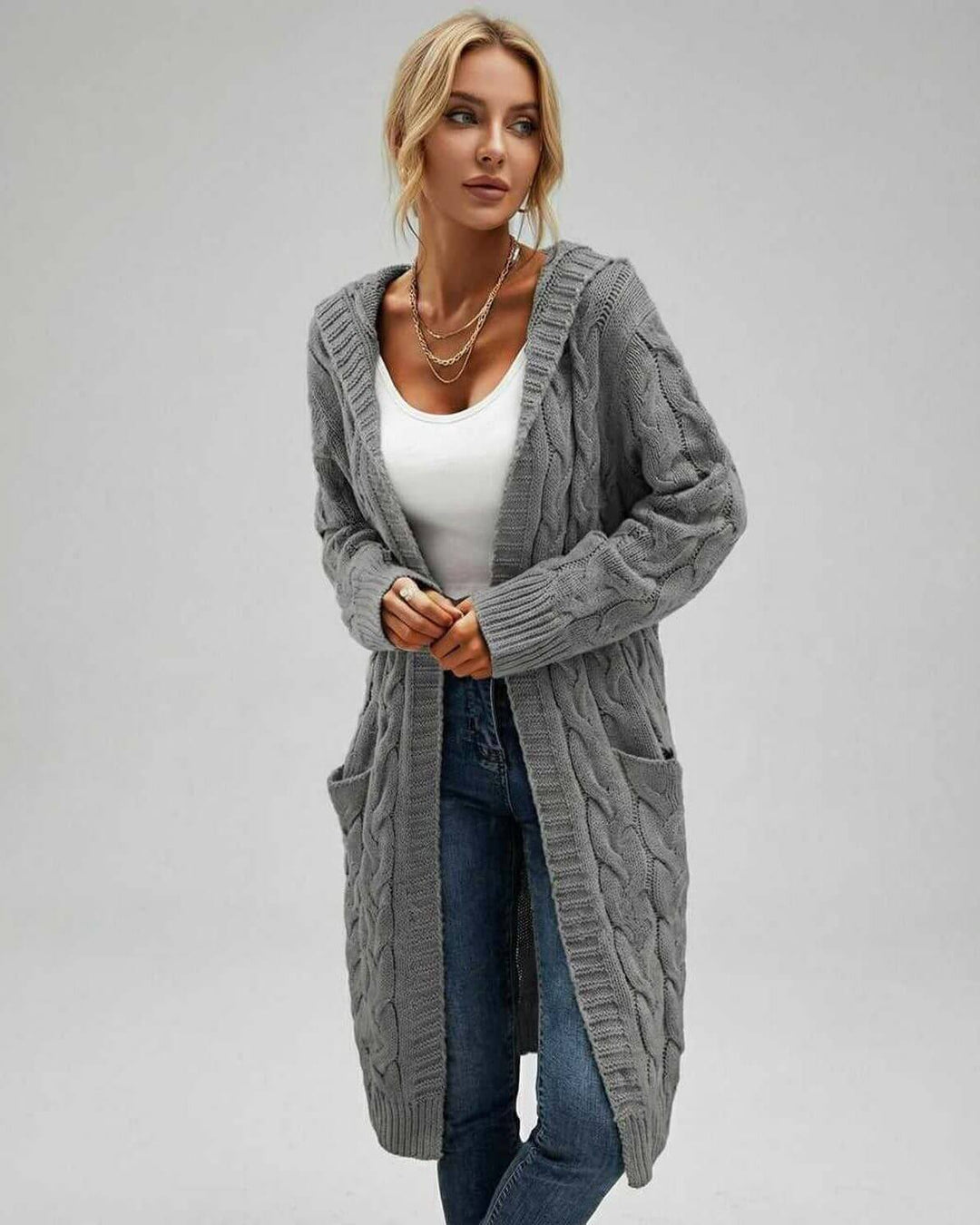 Cárdigan blanco de manga larga con bolsillos, estilo casual elegante para mujer. Perfecto para capas en otoño.