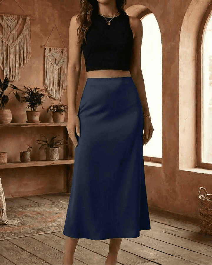 Falda midi azul marino mujer, cintura alta, corte sirena. Elegancia versátil para ropa formal.