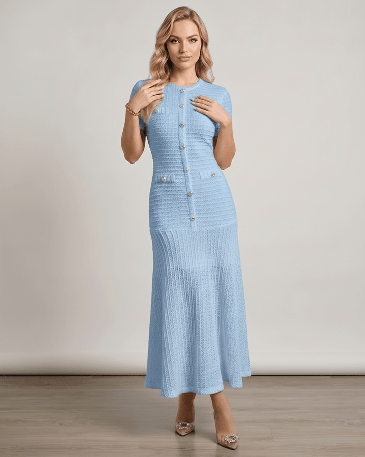 Vestido de fiesta con corte en A, cuello redondo, mangas cortas, ideal para eventos de gala.