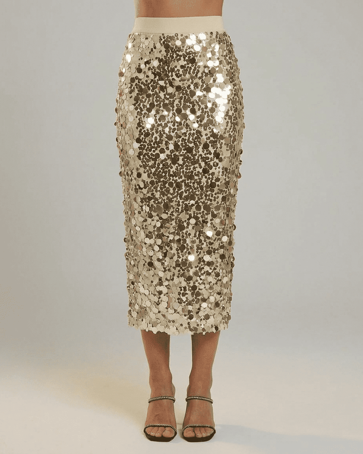 Falda midi bodycon de lentejuelas blancas para mujer, ideal para fiestas y eventos nocturnos elegantes. Estilo glamour.