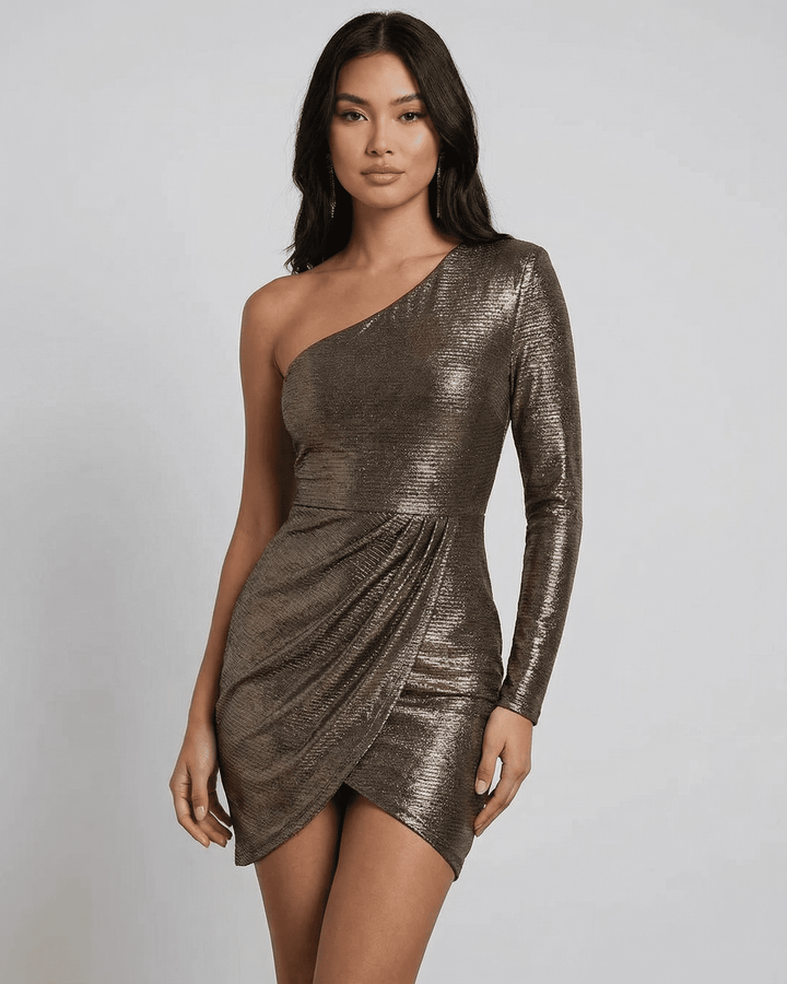 Vestido un hombro mini metálico elegante, ideal para eventos de fiesta y moda mujer.