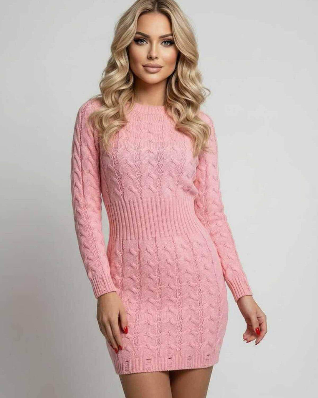 Vestido mini rosa de mujer con cintura torcida y manga larga. Estilo versátil para ocasiones elegantes o casuales.