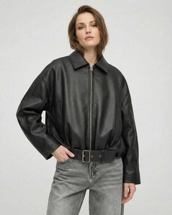 Chaqueta negra de mujer con cremallera y cinturón, estilo moderno y versátil, para primavera/otoño.