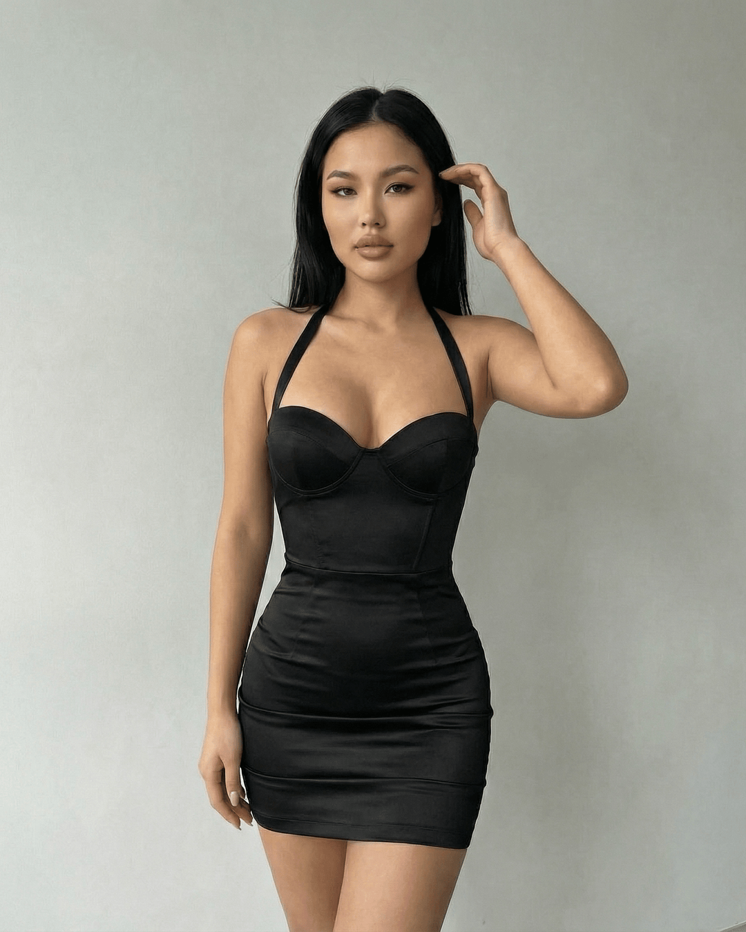 Vestido mini halter negro de moda para mujer, estilo ceñido y elegante, ideal para salir de noche.