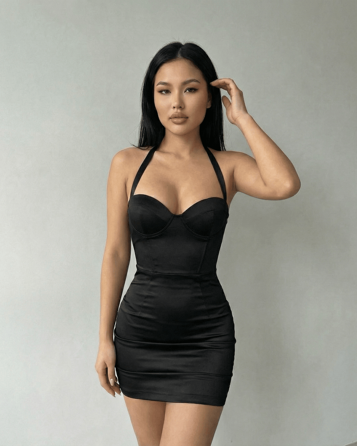 Vestido mini halter negro de moda para mujer, estilo ceñido y elegante, ideal para salir de noche.
