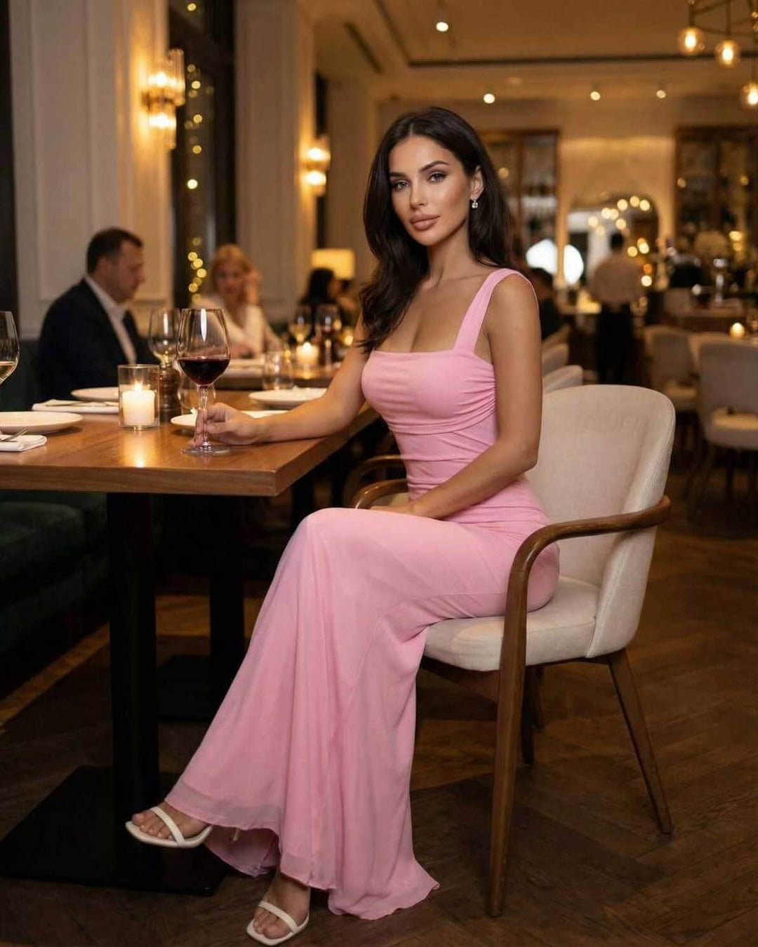 Vestido maxi rosa elegante para mujer, con caída suave y tirantes espagueti, ideal para bodas o noches de gala.