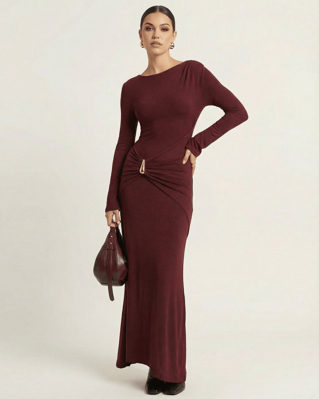 Vestido formal burdeos bodycon de mujer, corte maxi y manga larga, perfecto para eventos especiales.