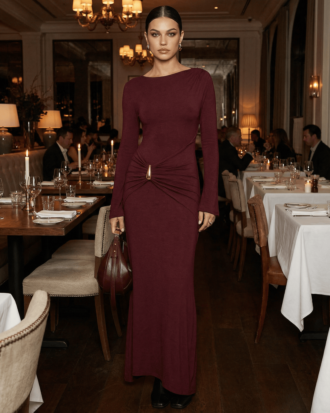 Impresionante vestido maxi burdeos bodycon para mujer, look formal y sofisticado, perfecto para destacar.