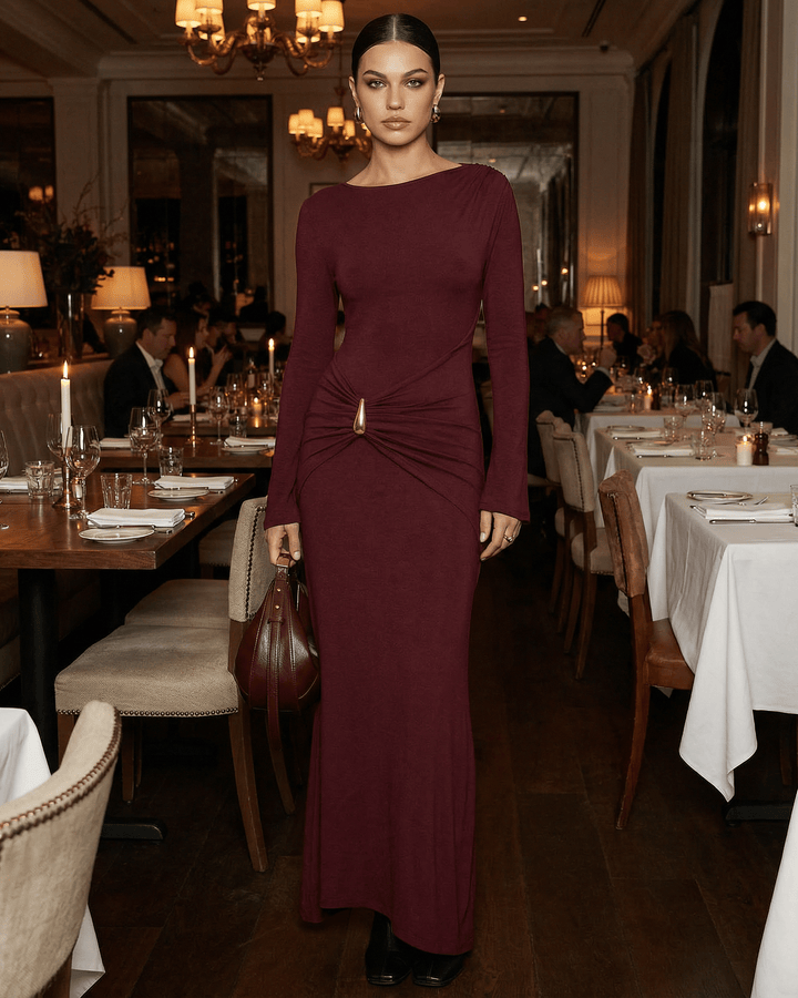 Impresionante vestido maxi burdeos bodycon para mujer, look formal y sofisticado, perfecto para destacar.