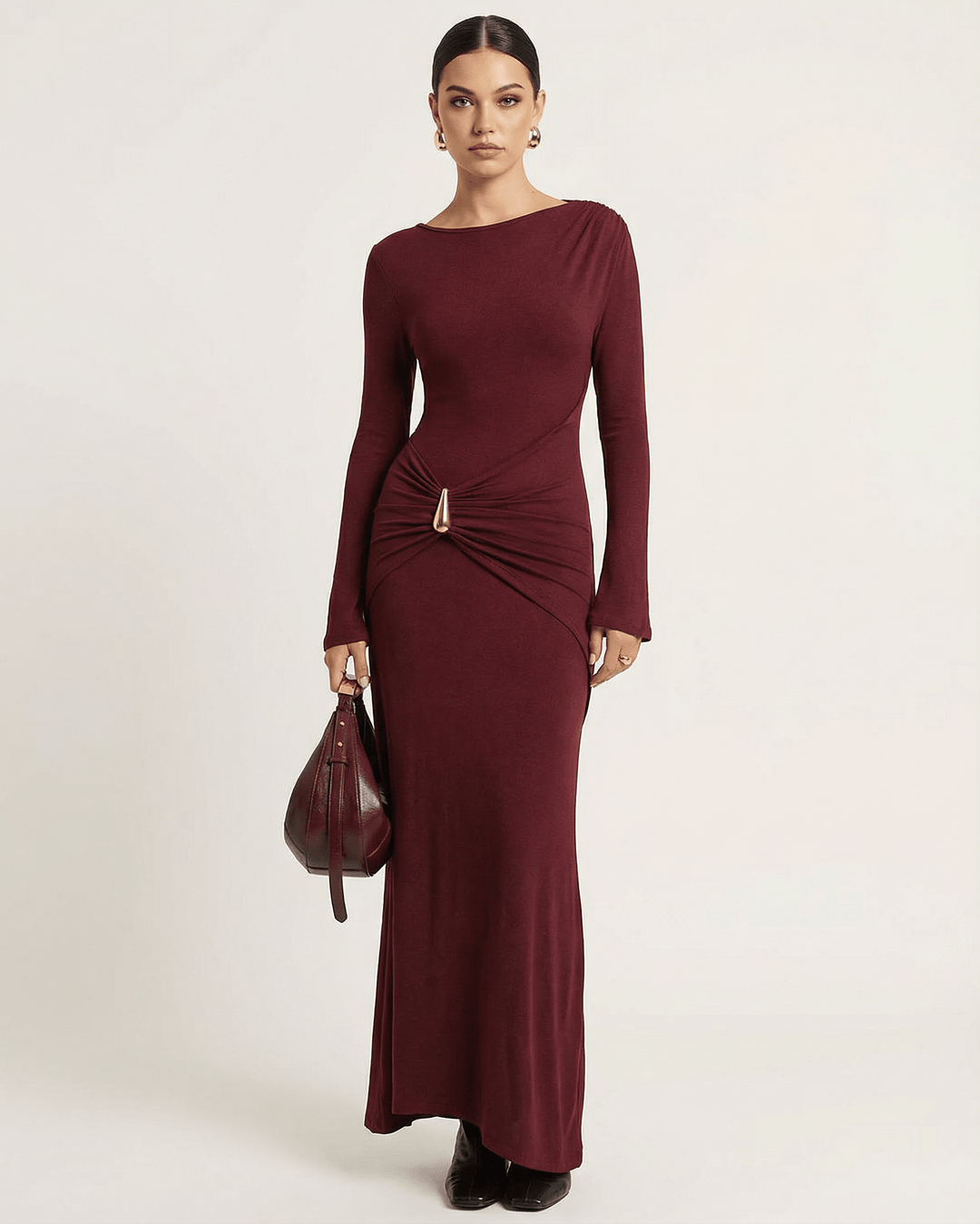 Vestido maxi bodycon burdeos para mujer, ideal para eventos formales o de noche.