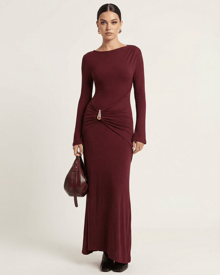 Vestido maxi bodycon burdeos para mujer, ideal para eventos formales o de noche.