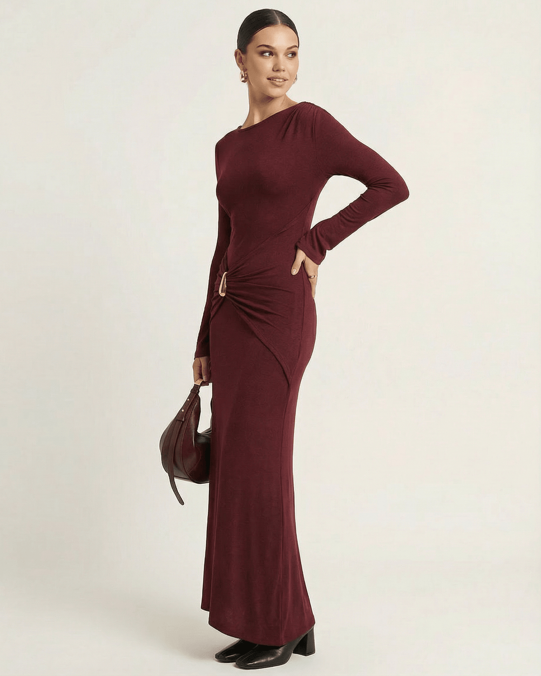 Vestido de fiesta maxi burdeos bodycon de mujer, elegante y cómodo con manga larga para cualquier evento.