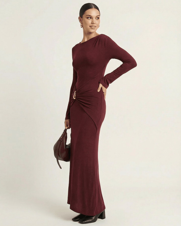 Vestido de fiesta maxi burdeos bodycon de mujer, elegante y cómodo con manga larga para cualquier evento.