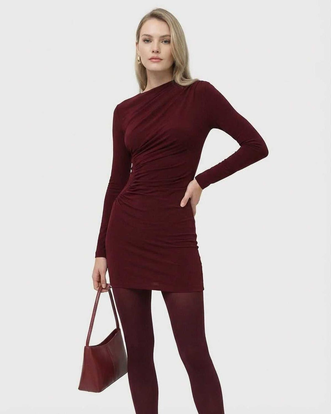 Ropa de noche elegante: vestido mini burdeos bodycon de manga larga, cómodo y ajustado para fiesta.