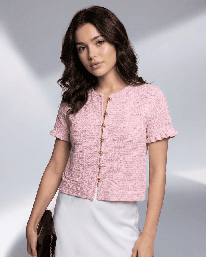 Cárdigan blanco de manga corta para mujer, estilo elegante y versátil, ideal para primavera y verano.