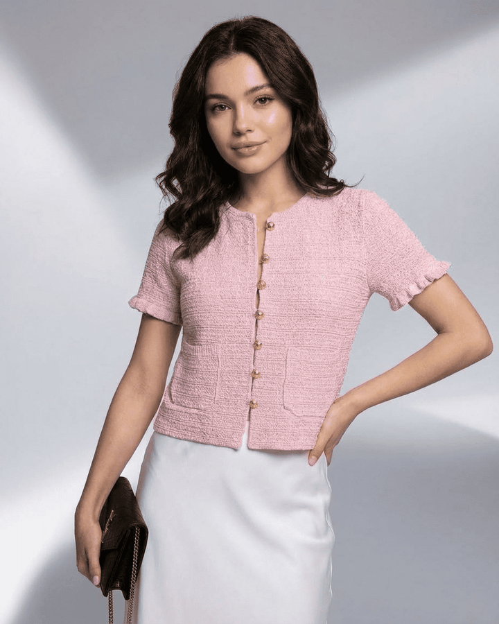 Moda femenina: Cárdigan Camelia blanco de manga corta, tejido de punto, perfecto para primavera.