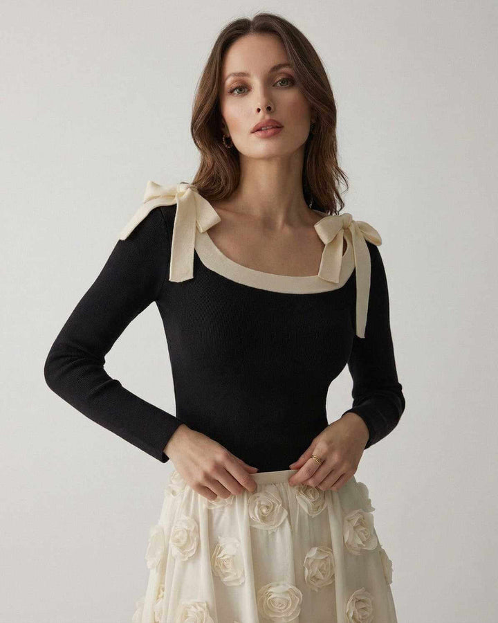 Suéter de punto elegante para mujer con lazo decorativo, ideal para invierno y otoño. Ropa de moda.