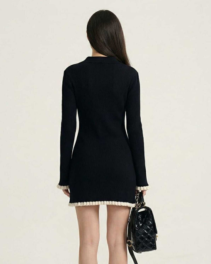 Elegante vestido mini blanco ajustado con manga larga y detalles contraste, perfecto para primavera/otoño y estilo moderno.